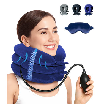Регульований носильник для шиї надувна подушка для шиї з маскою для сну, підтримка шиї для шийного відділу хребта та полегшення болю в шиї для подорожей, роботи та кемпінгу (синій) Синій 1