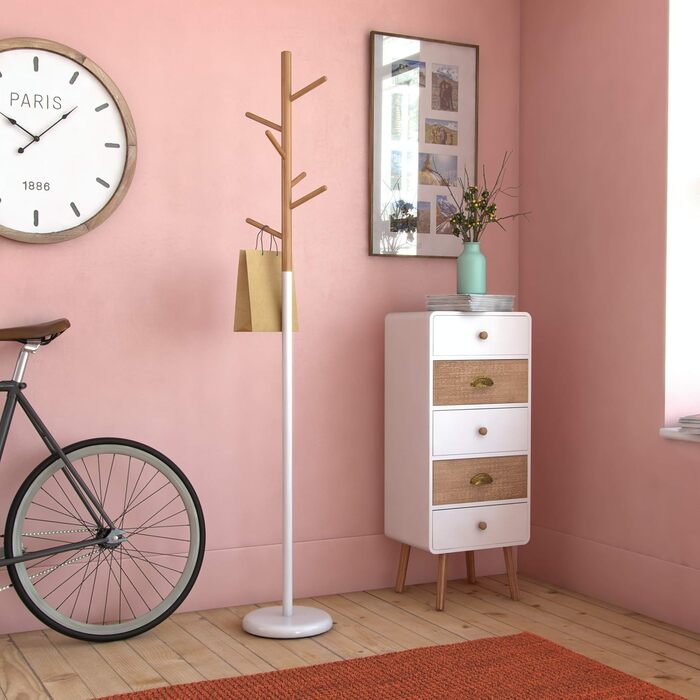 Мінімалістична вішалка для одягу Versa Malm для вхідної зони, з 9 гачками для одягу або сумок, розміри (В x Д x Ш) 171 x 28 x 28 см, метал та дерево, колір білий