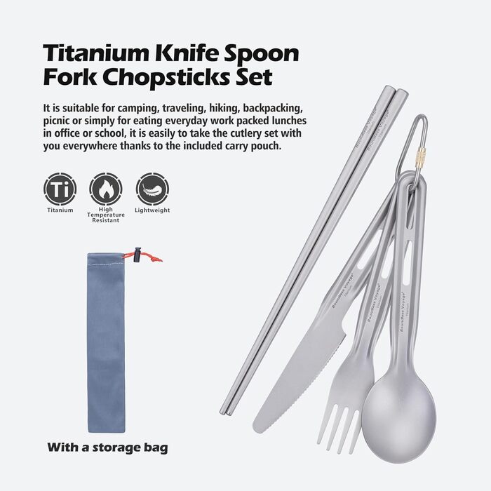 Титанові кемпінгові аксесуари Boundless Voyage, ніж, ложка, виделка, набір паличок для їжі, надлегкий набір столових приборів для супу, їжі, салату, пасти (ti1125t-d)