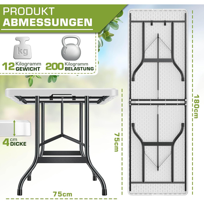 Складаний садовий стіл 180x75 см Пластик Буфетний стіл з ручкою для перенесення Складаний стіл для саду, патіо та балкону Кемпінговий стіл для 8 осіб 180 x 75 см Білий