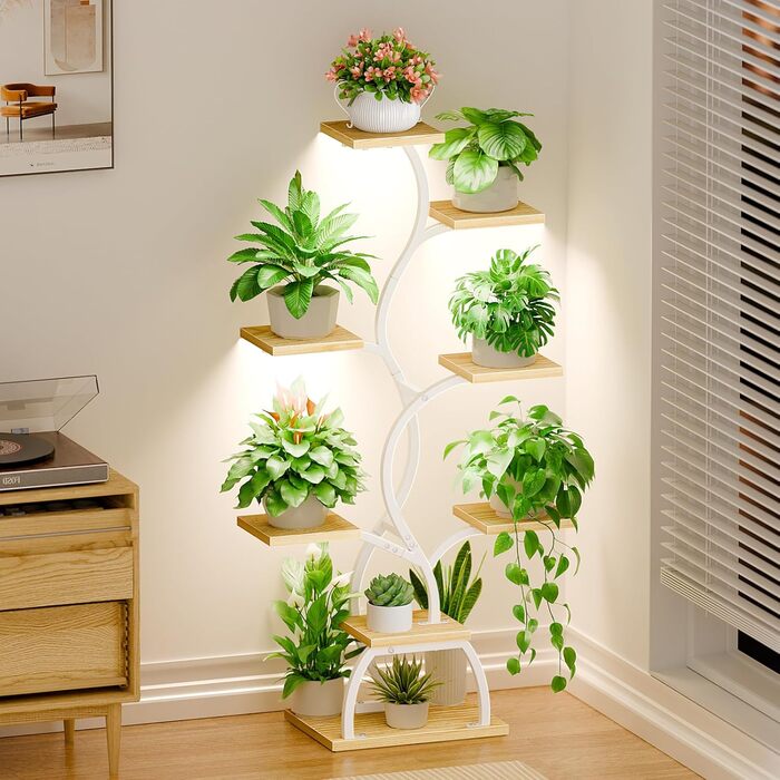 Підставка для рослин з лампою для вирощування - 8-ярусна підставка для квітів 124 см, полиця для рослин з металу та дерева - Квіткові драбини для приміщень та вулиці - Декоративна чорна квіткова підставка для балкону, біла