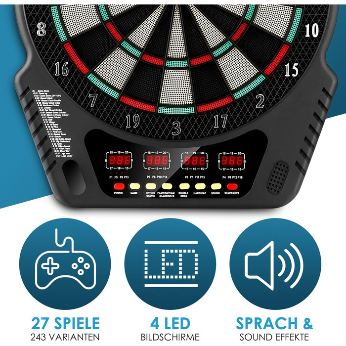 Електронний набір дартсу з голосовими підказками, 4 світлодіодні дисплеї, 6 дротиків, 27 ігор, 243 ігрові опції, професійний електронний дартс для дому, вечірок, саду, бару, 1-16 гравців, чорний