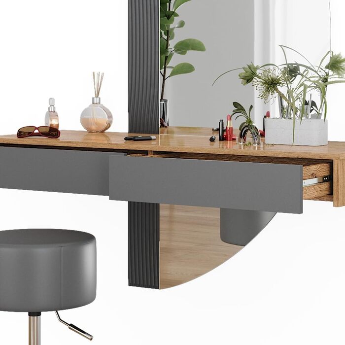 Туалетний столик Vicco Melisa, дуб/сірий, 120 см з підсвічуванням і табуретом Сірий зі світлодіодним дзеркалом і табуретом