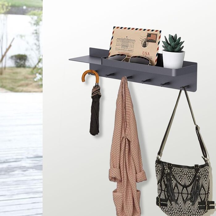 Ключниця Honsdom з полицею і 6 гачками, ключниця чорна, ключниця-органайзер, ключниця без свердління для настінного кріплення для