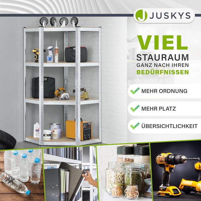 Кутовий стелаж Juskys Corner Easy 160 x 75 x 40-75 см - 320 кг - 4 полиці з МДФ - оцинкований метал - міцний стелаж, вставний стелаж, полиця для підвалу, сріблястий