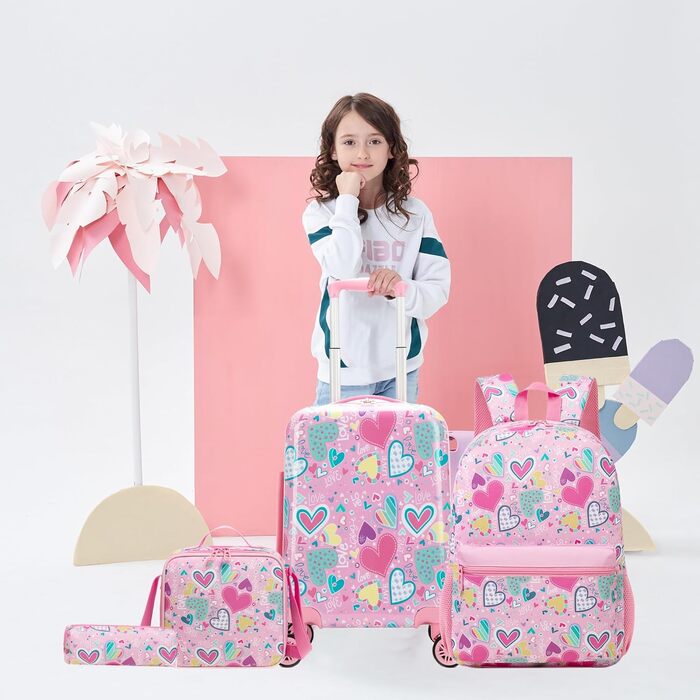 Дитячий набір валіз HTgroce 5 предметів рюкзак-ранце для дівчинки, валіза на колесах, дитяча ручна поклажа, дорожній набір, твердий корпус, рожевий з сердечками