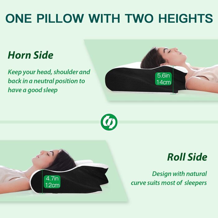Подушка для шиї, подушка для голови, подушка з піни з ефектом пам&39яті, ергономічна подушка для підтримки шиї 2 в 1 для сну на спині, боці та животі, 60x40x12/14 см (чорна)