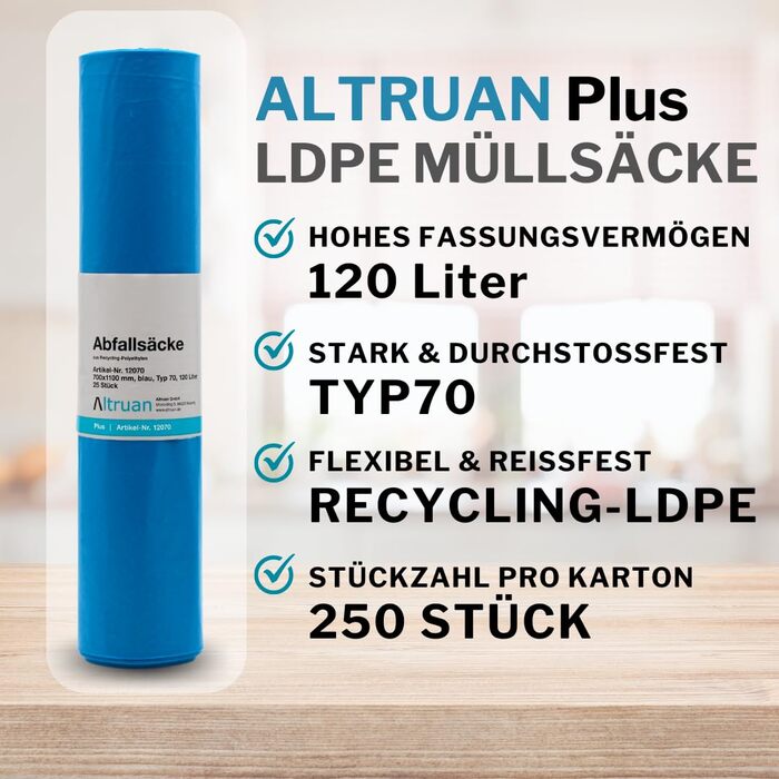 Літровий сміттєвий пакет тип 70, 12070 Premium, 250 сміттєвих пакетів, 10 рулонів, синій, 120-