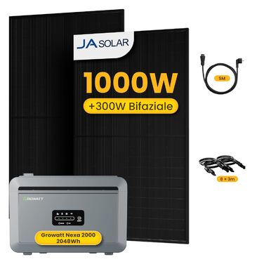 Універсальна балконна електростанція потужністю 1000 Вт з накопичувачем 2048 Втгод, Growatt NEXA 2000 з 4 MPPT датчиками, 2 повністю чорні двосторонні сонячні панелі по 500 Вт, повний комплект аксесуарів, plug & play (0 ПДВ) без монтажного кронштейна