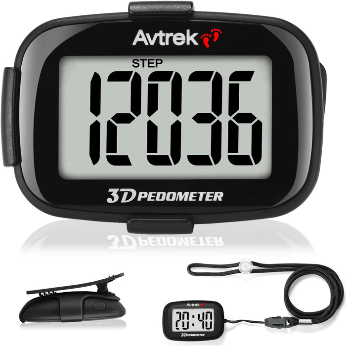 Крокомір AVTREK Precision 3D для ходьби, великий екран, цифри, крокомір, для бігу, з дисплеєм часу та світлодіодним підсвічуванням (чорний)