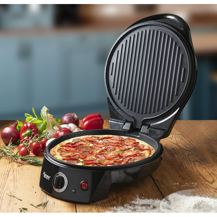 Електрична піч для піци Bestron, виробник піци до 230C, з верхнім/нижнім нагріванням, для домашньої або замороженої піци, тарт фламбе, кіш або обгортань до Ø 27см, 1800 Вт, колір Black Black Single