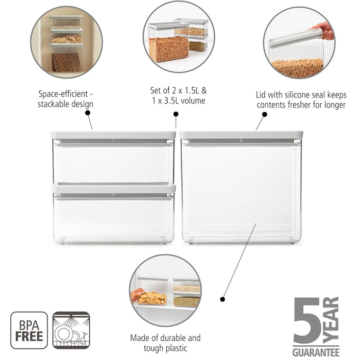 Штабелювані контейнери, набір з 2 шт. 1,5 л та 3,5 л Герметичні контейнери для зберігання із силіконовою кришкою для кухні Для сухих та вологих продуктів, цукру, борошна Світло-сірий