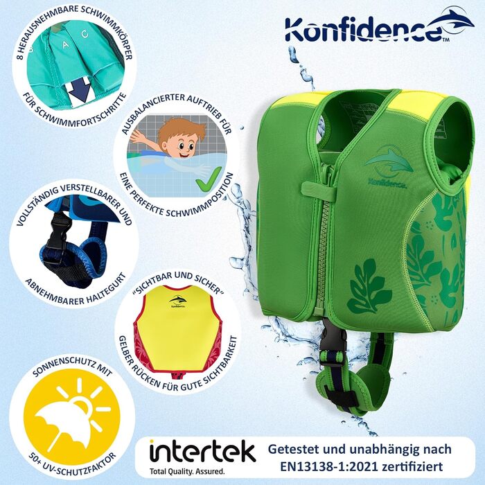 Рятувальний жилет Konfidence преміальний плавальний жилет зі знімним ременем безпеки для дітей Регульована плавучість Відповідає стандартам CE Рекомендовано школами плавання Maui Green S (до 3 років/до 19 кг)