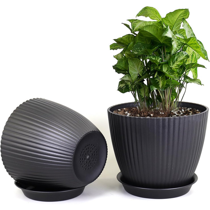 Набір з 8 квіткових горщиків з блюдцями, 19/17,5/16,5/16/14/13/11,5/10 см, пластикові кашпо, гідропонні горщики, набір квіткових горщиків, ідеально підходить для кімнатних та балконних садів, чорний 19/17,5/16,5/16/14/13/11,5/10 см, чорний