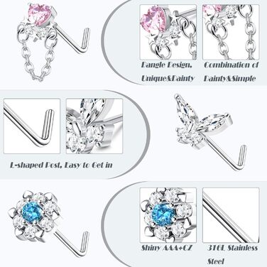 Пробка для пірсингу носа L-подібна носова пробка Штопор бовтається носові кільця для жінок Чоловічі прикраси для пірсингу носа CZ з нержавіючої сталі (Silver-L), 12 шт., 20G