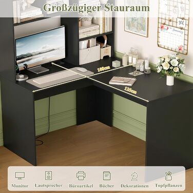 Кутовий письмовий стіл FirFurd з подовжувачем, L-подібний комп&39ютерний стіл з книжковою полицею, стіл для ПК/ноутбука для офісу, кабінету, вітальні, домашнього офісу, чорний, 153 x 125 x 108 см