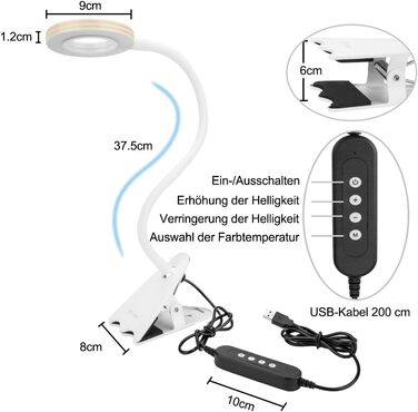 Письмовий стіл CeSunlight 10W Clamp Lamp, світлодіодна лампа для читання як приліжкова лампа, тепле світло, денне та біле світло 3 кольори, 10 режимів освітлення з регулюванням яскравості (адаптер у комплекті)