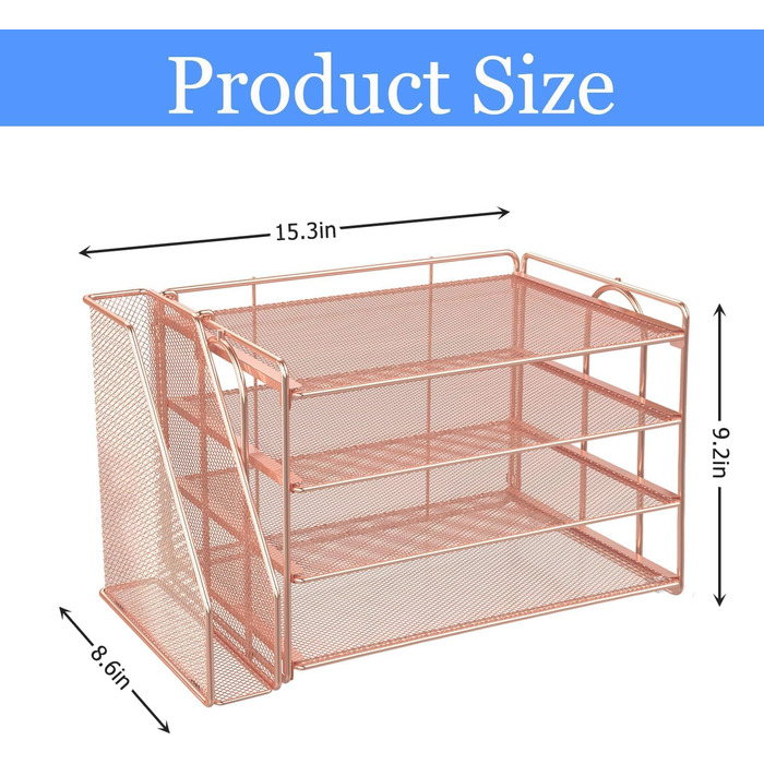 Настільний органайзер з тримачами для файлів, 4-рівневий офісний органайзер з лотком для паперу, сітчастий лоток для документів з тримачем для журналів, настільне сховище для канцелярського приладдя (рожеве золото)