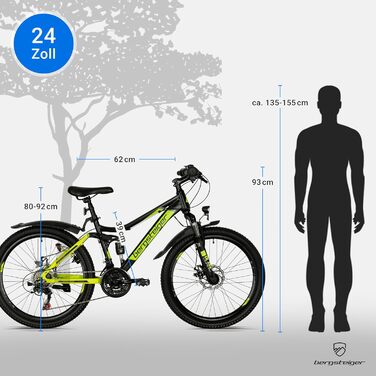 Дитячий велосипед 26 дюймів, 21 швидкість, відповідає вимогам StVZO, гірський велосипед з повною підвіскою, дисковими гальмами та динамо-підсвічуванням, підходить для 8, 9, 10, 11, 12, 13 років, хлопчиків та дівчаток, 24 дюйми, чорний/зелений, 24
