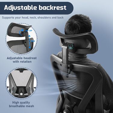 Ергономічне офісне крісло, робоче крісло з регульованою поперековою опорою для тривалого сидіння, функцією нахилу спинки (трирівневий механізм блокування) та регулюванням висоти, обертове крісло, сітчасте крісло, чорне офісне крісло