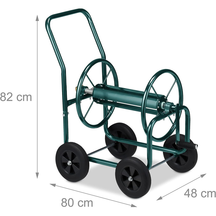 Садовий візок для шланга Relaxdays, до 60 м, 4 суцільні гумові колеса, швидке зєднання, металева бочка для шланга, зелений