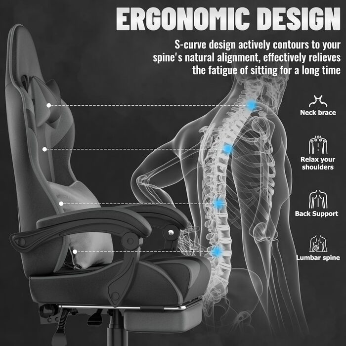Ергономічне ігрове крісло Soontrans, ігрове крісло з пружинною подушкою, висувна підставка для ніг, підголівник, регульована висота, штучна шкіра, регульована спинка 90-135 (чорний/сірий)