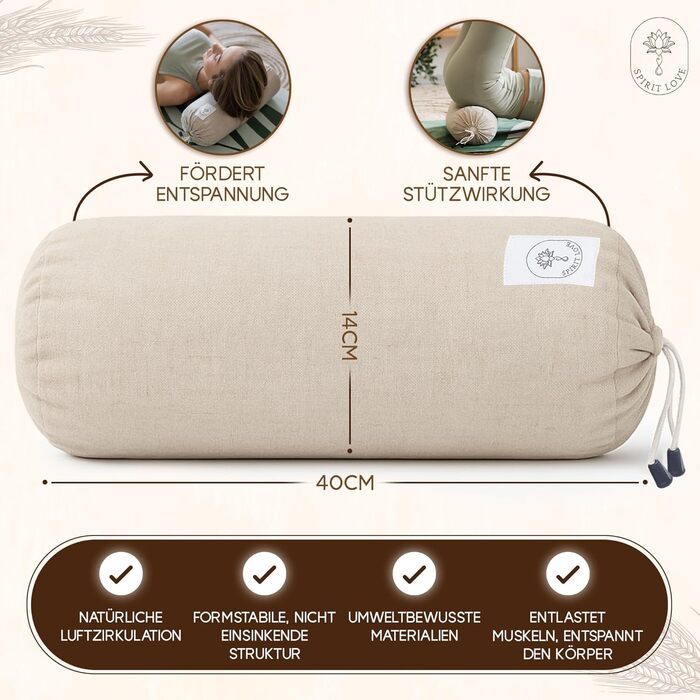 Льняний валик для йоги Spirit Love Круглий валик для йоги з органічною гречаною лушпинням Валик для шиї з чохлом, який можна прати Ідеально підходить як подушка для шиї 100 натуральний лляний круглий валик, безпечний для шкіри - 40x14 см