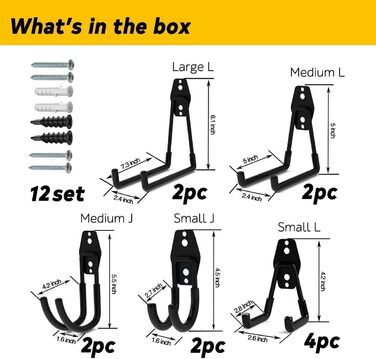 Гачки для обладнання Гачки для зберігання в гаражі, міцні подвійні гачки Настінні гачки для організації електроінструментів, драбин, велосипедів, скейтборду, мотузок Організація гаража своїми руками (чорний), 12 шт.