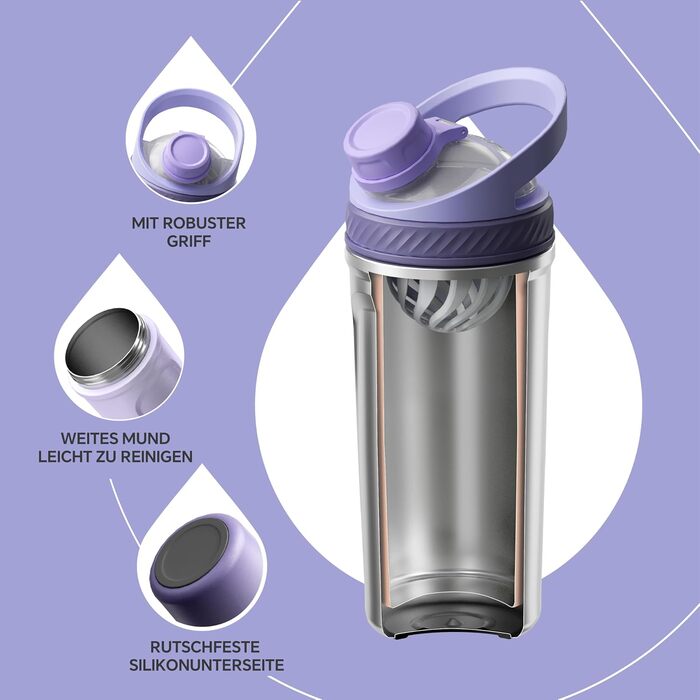 Протеїнова пляшка Ideus Shaker 700 мл (24 унції), двостінна спортивна пляшка з нержавіючої сталі з кулькою для змішування, металева протеїнова пляшка з кулькою для змішування, без BPA, герметична кришка (фіолетовий колір)