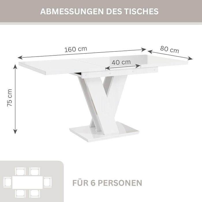 Розкладний обідній стіл (160 см) - 120x80x75 см - Сучасний - Обідній стіл - Обідній стіл - Стіл для їдальні, вітальні - Розкладний стіл - Білий глянцевий