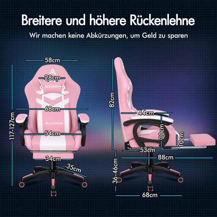 Ігрове крісло ALFORDSON, гоночне ігрове крісло зі світлодіодним RGB-підсвічуванням, масажне комп&39ютерне крісло з підставкою для ніг, ергономічне поворотне крісло з важільною спинкою, рожеве