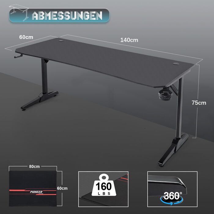 Стіл 140 см Ігровий стіл Геймерський комп'ютерний стіл Ергономічний стіл для ПК з Т-подібною формою для зберігання кабелів, підскл