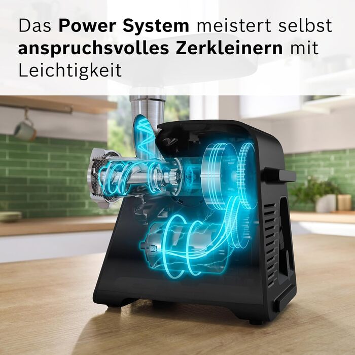 Електрична м'ясорубка Bosch MultiPower Serie 6 MFWS660B, 2100 Вт, нержавіюча сталь, 3 диски (3, 4.5, 8 мм), насадки для ковбас, кеббе та тертя, соковижималка, чорна