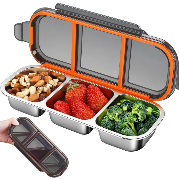 Ланчбокс дитячий з нержавіючої сталі, 3 відділення, 26,210,34 см. Металева коробка для сніданків, бento-бокс з кришкою, герметичний ланчбокс для школи, офісу, кемпінгу