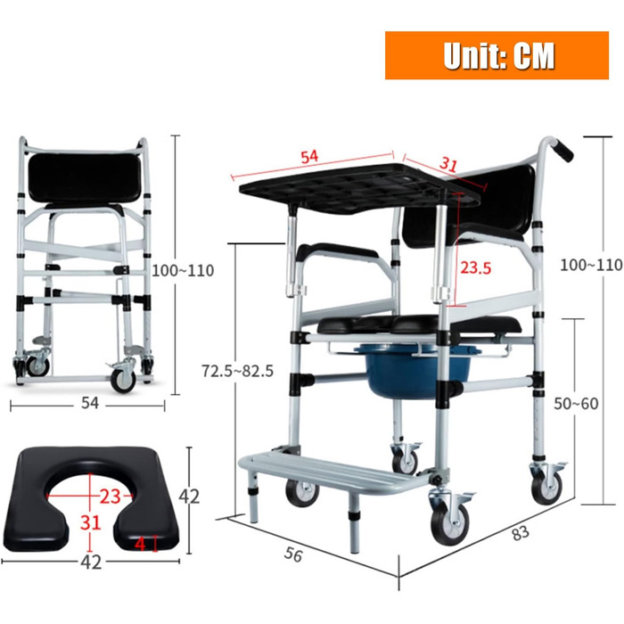 Розкладний приліжковий туалетний стілець, Інвалідний візок для душу, Крісло для транспортування туалетного паперу з 4 колесами, Мобільний туалет для домогосподарств людей похилого віку та вагітних з обмеженими можливостями