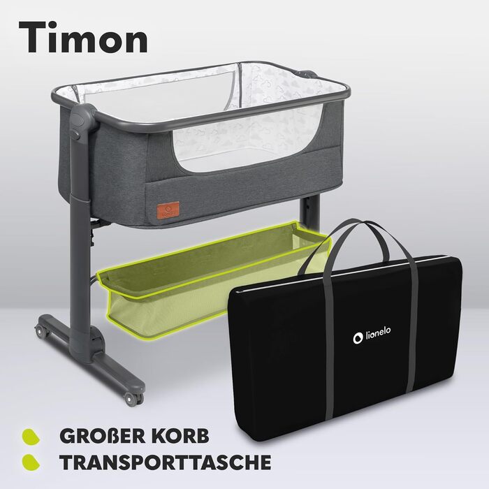 Дитяче ліжечко Lionelo Timon для подорожей, підходить для дітей від народження до 9 кг, з 6-рівневою функцією нахилу, зсувною бічною панеллю, сумкою для перенесення, складною, сірого кольору