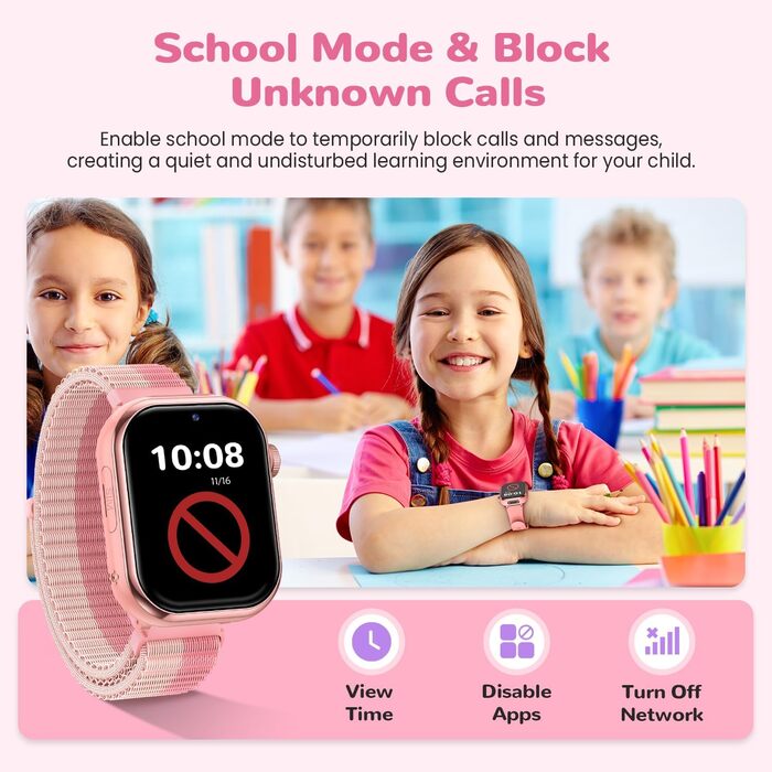 Розумний годинник RUXINGX 4G для дітей з GPS та телефонними дзвінками, дитячий годинник із водонепроникністю IP68, подвійним переглядом, голосовим чатом, ліхтариком, шкільним режимом, крокоміром, будильником для хлопчиків та дівчаток, рожевий