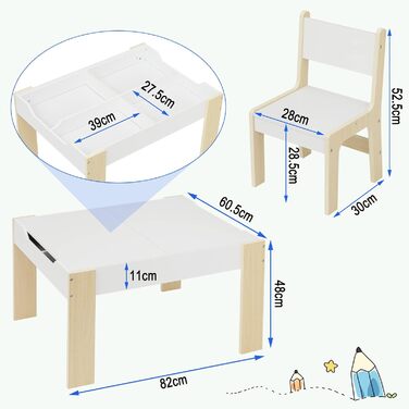 Дитячий стіл Lestaraiin з 2 стільцями, дитячий стіл з місцем для зберігання, дитячий художній стіл, дитячий комплект сидіння з двосторонньою та знімною стільницею, комплект дитячих меблів для дитячих кімнат та дитячих садків, білий