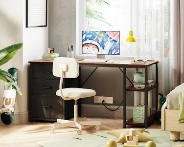 Письмовий стіл Coleshome з тканинними шухлядами, 130x48 см, комп&39ютерний стіл з 2 розетками та 2 портами USB для зарядки, ПК-стіл з полицею, двосторонній офісний стіл для офісу, вітальня, коричневий, 130x48x75,7 см