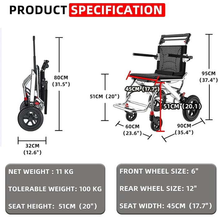Універсальне легке складне крісло колісне з ручним гальмом, ременем безпеки, транспортне та туристичне крісло, вантажопідйомність 220 фунтів, алюмінієве інвалідне крісло для дорослих та людей похилого віку, візки, 001