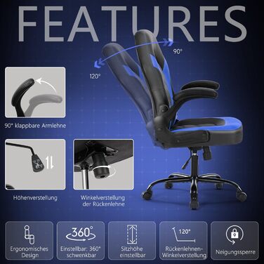 Ергономічне ігрове крісло зі складними підлокітниками, регульована висота (107-116 см), поворот на 360, штучна шкіра, тихі колеса, складні підлокітники, офісне крісло для ігор та домашнього офісу, синього кольору