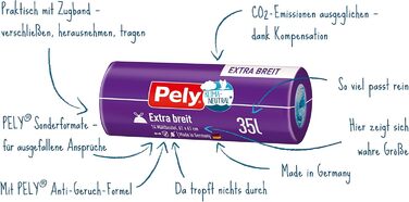 Сміттєві пакети Pely зі шнурком, що запобігають запаху, 35 літрів, надзвичайно широкі - вигідна упаковка, 19 x 14 шт. , для утилізації залишкових відходів