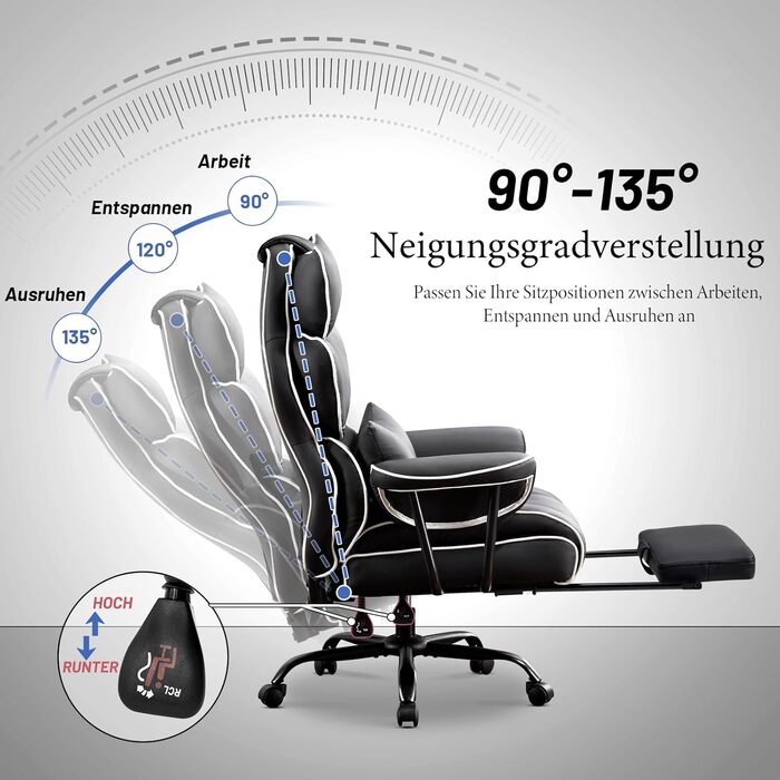 Ігрове крісло, Ергономічне офісне крісло, Крісло керівника зі штучної шкіри, Вантажопідйомність 200 кг з підставкою для ніг та поперековою опорою, Крісло для домашнього офісу, Регульоване крісло з високою спинкою, Обертове крісло (Чорне)