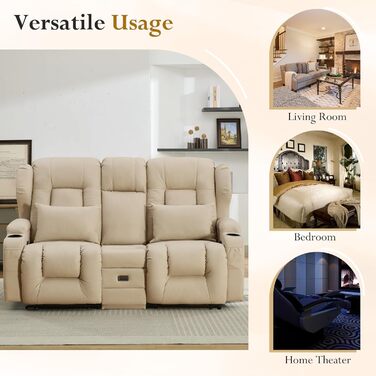 Двомісний диван з функцією сну, крісло-рекордер для телевізора з функцією відкидання спинки, сидіння для домашнього кінотеатру з консоллю, підсклянник, шухляда, розетка, бежевий