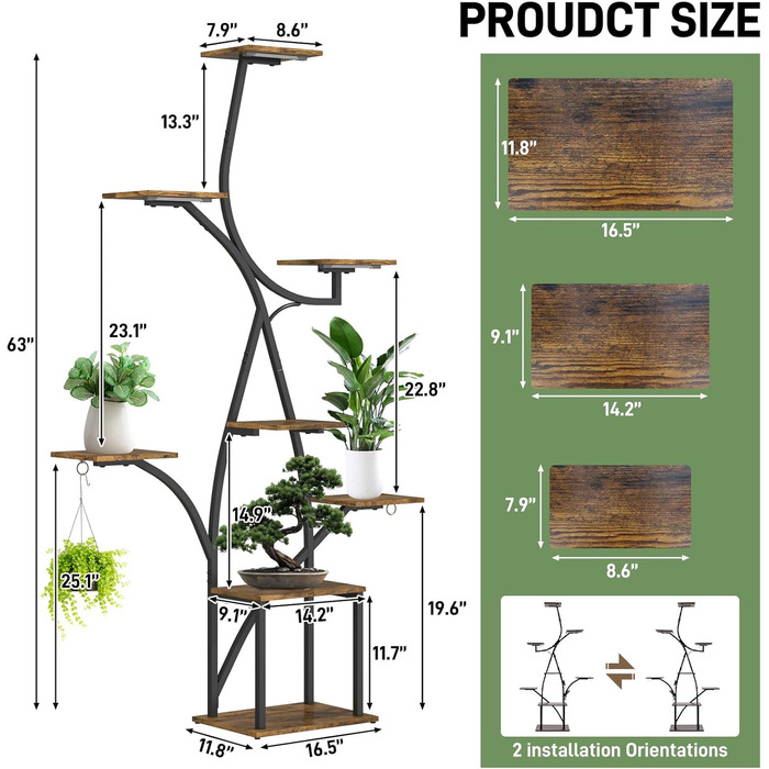 Підставка для рослин з лампою для вирощування, 8-ярусна квіткова полиця 160 см з металу та дерева, велика чорна квіткова полиця для використання в приміщенні та на вулиці, для вітальні, саду, балкону, декоративна, ширина 38 дюймів