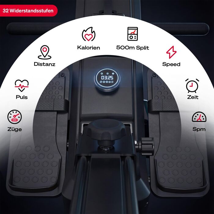 Гребний тренажер преміум-класу Sportstech sRow/10 дюймів/Lite для домашнього використання сенсорний дисплей/ручка - якісний німецький бренд - додаток з тренуваннями та курсами, складний гребний тренажер зі світлодіодною технологією, домашній спортзал sRow