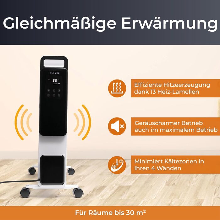 Масляний радіатор KLAMER 2500 Вт, енергозберігаючий електричний обігрівач, 13 ребер, 3 режими нагріву з еко-режимом, 24-годинний таймер, термостат, захист від перегріву та перекидання, з пультом дистанційного керування, для використання в приміщенні, біли