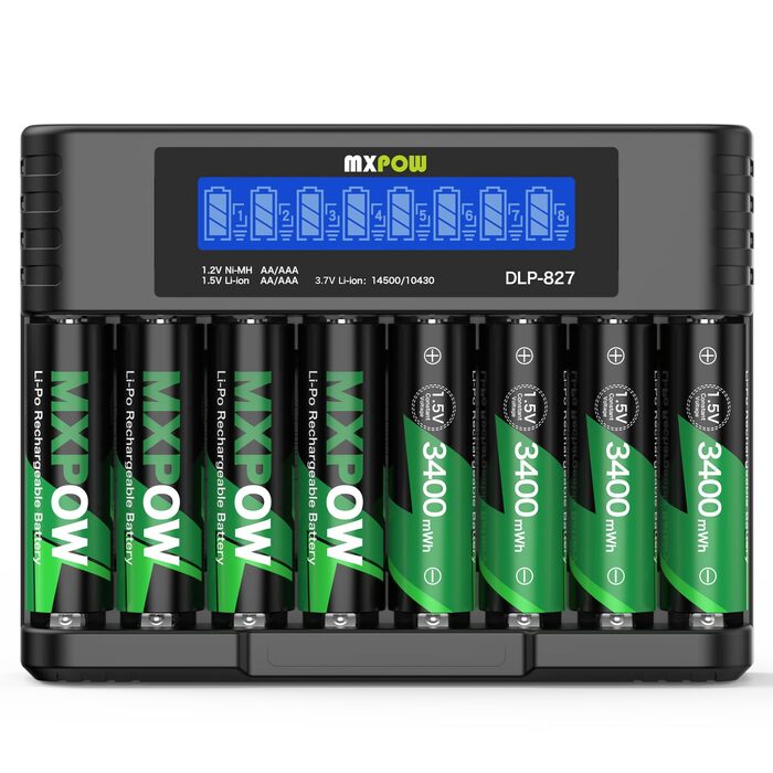 Літієві батарейки типу АА, 8 шт. , із зарядним пристроєм, акумуляторні батарейки високої ємності 1,5 В 3400 мВтгод, 1500 циклів розрядки/зарядки, зарядний пристрій із РК-дисплеєм