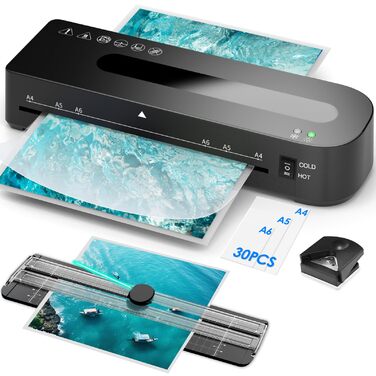 Ламінатор A4 - ламінатор 4-в-1 з 30 ламінуючими пакетами для A4/A5/A6, швидкий розігрів, комплект гарячого та холодного ламінатора з різаком для паперу, закруглювач кутів для офісу, дому та школи B-FN333