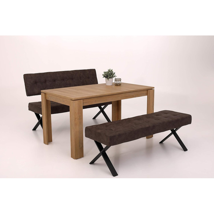 Обідня лавка Donna, зі спинкою, чохол Softex у вінтажному коричневому кольорі, Х-подібний металевий каркас кольору антрацит, 140x693 см Лавка зі спинкою